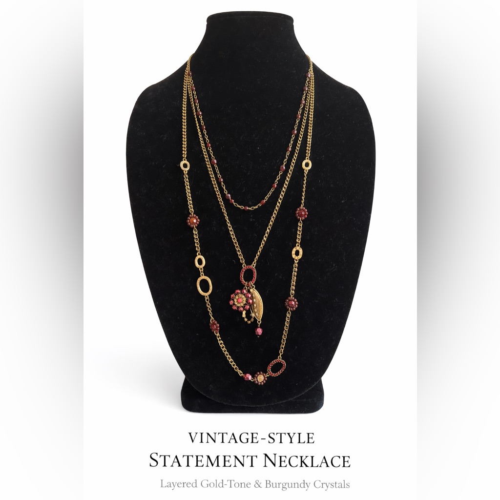 Elegant Layered Gold-Tone Necklace With Burgundy Crystal Accents